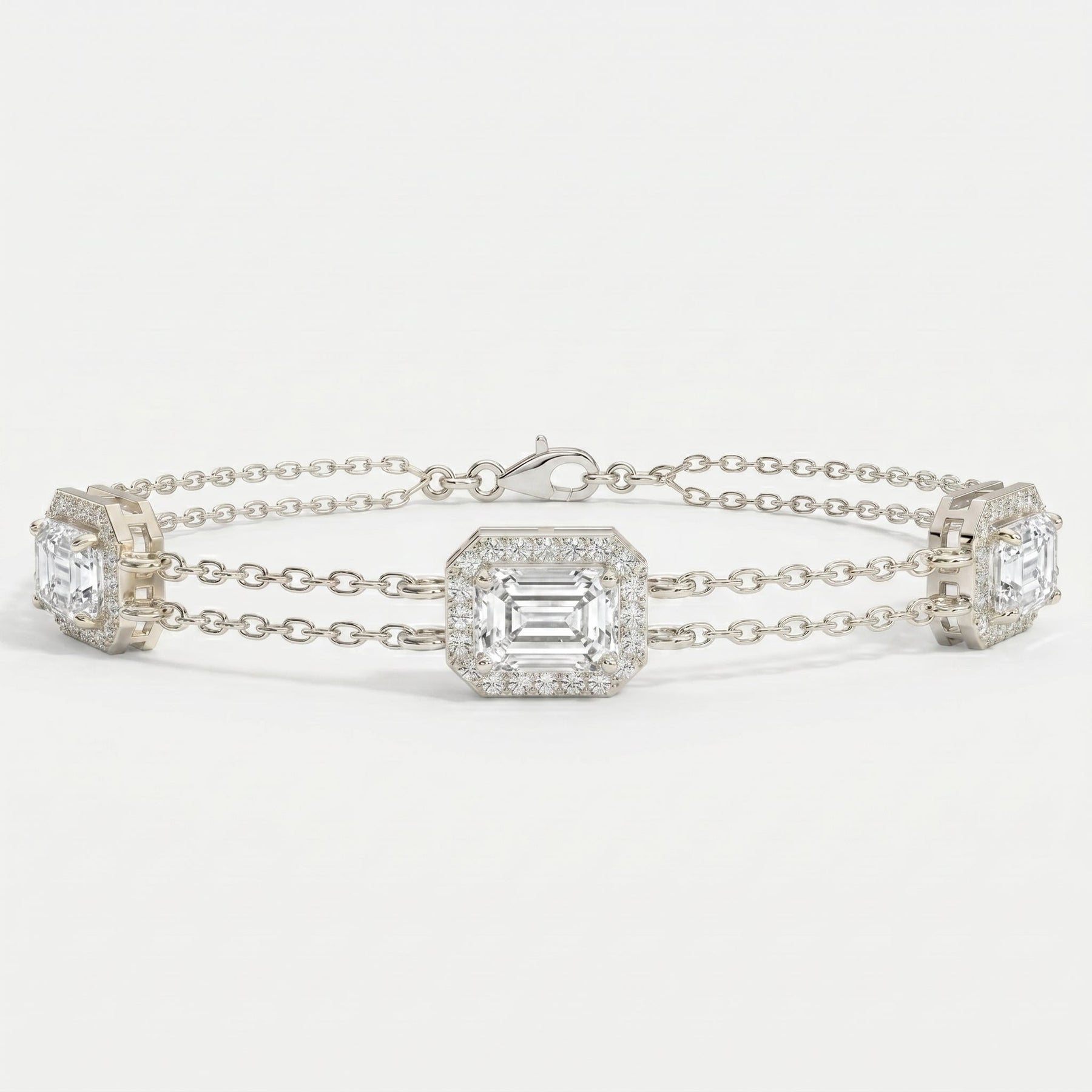 Emerald Cut Diamond Halo Double Chain Statement Design Bracelet