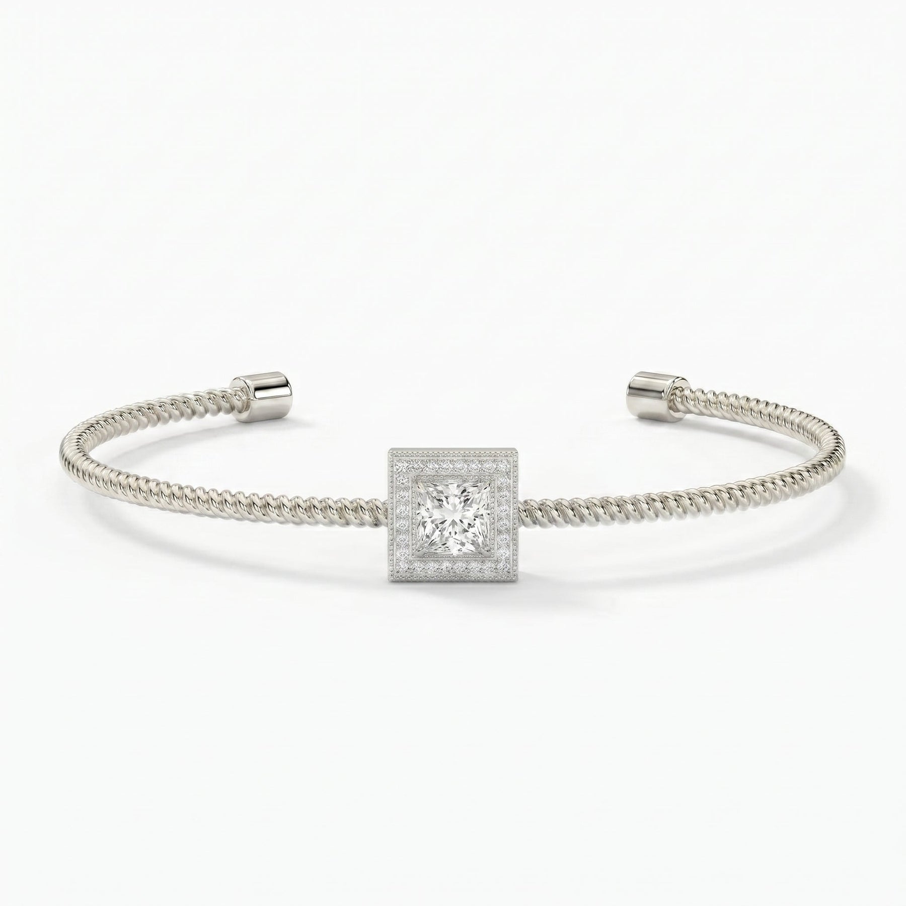 Luxury Cuff Bracelet with Square Halo Centerpiece – Princess Cut Diamond