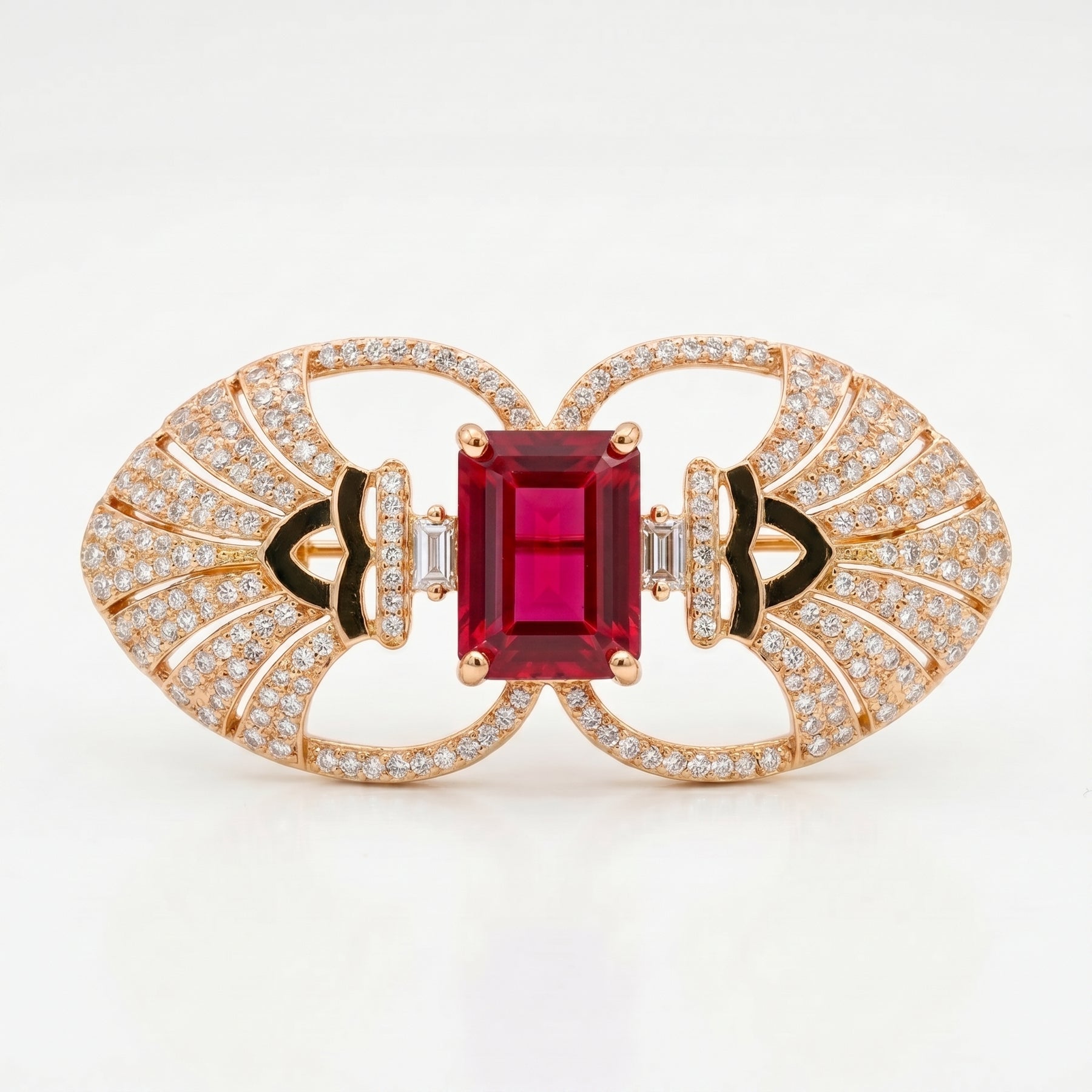 Emerald Cut Ruby Diamond Brooch