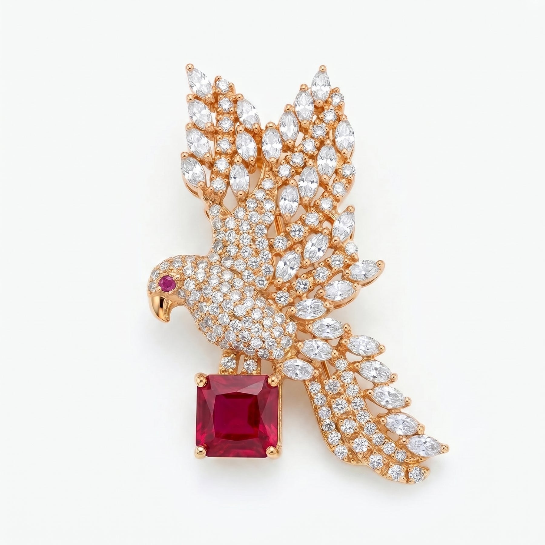 Ruby Bird Brooch, Red Emerald Cut Gemstone Diamond Pin