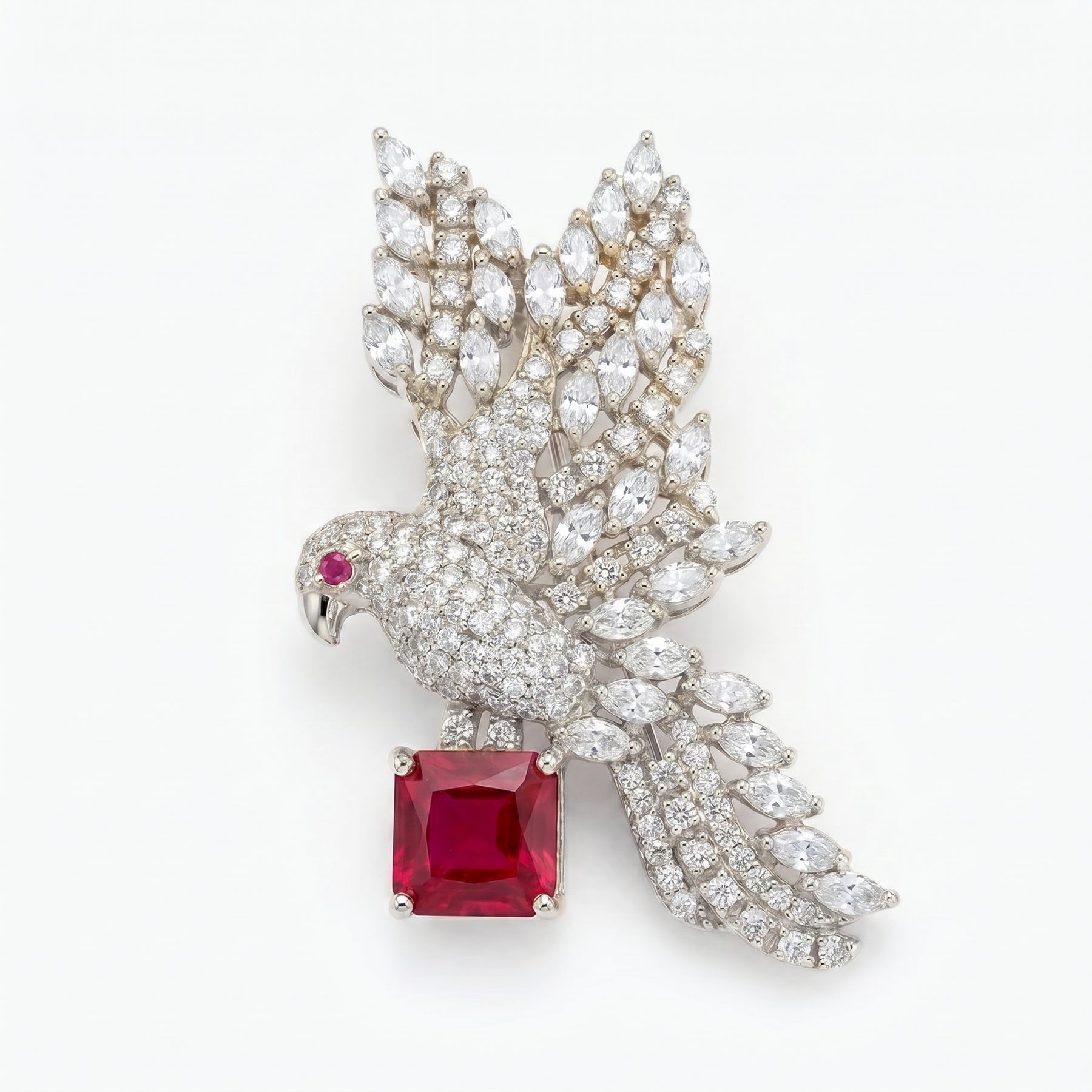 Ruby Bird Brooch, Red Emerald Cut Gemstone Diamond Pin
