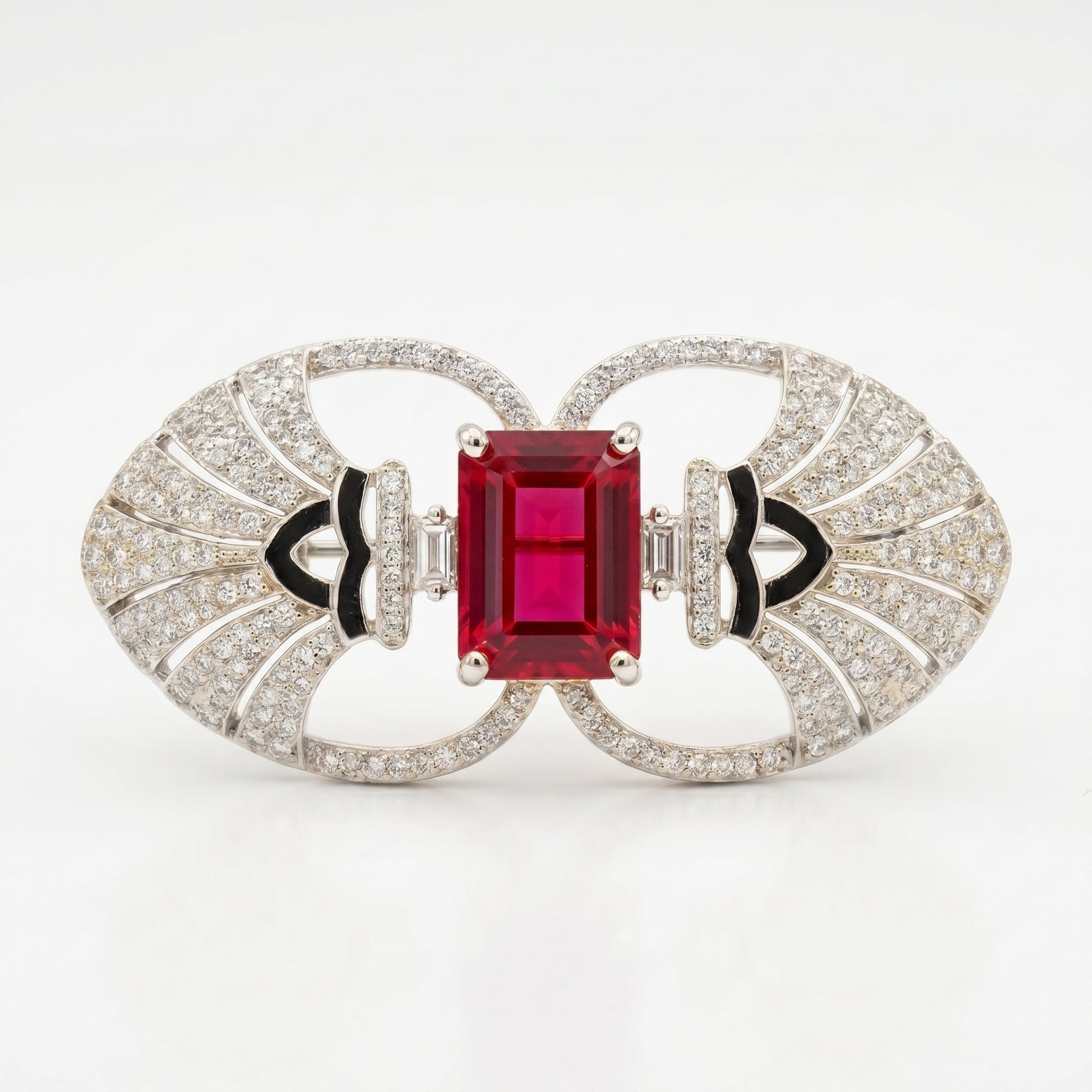 Emerald Cut Ruby Diamond Brooch