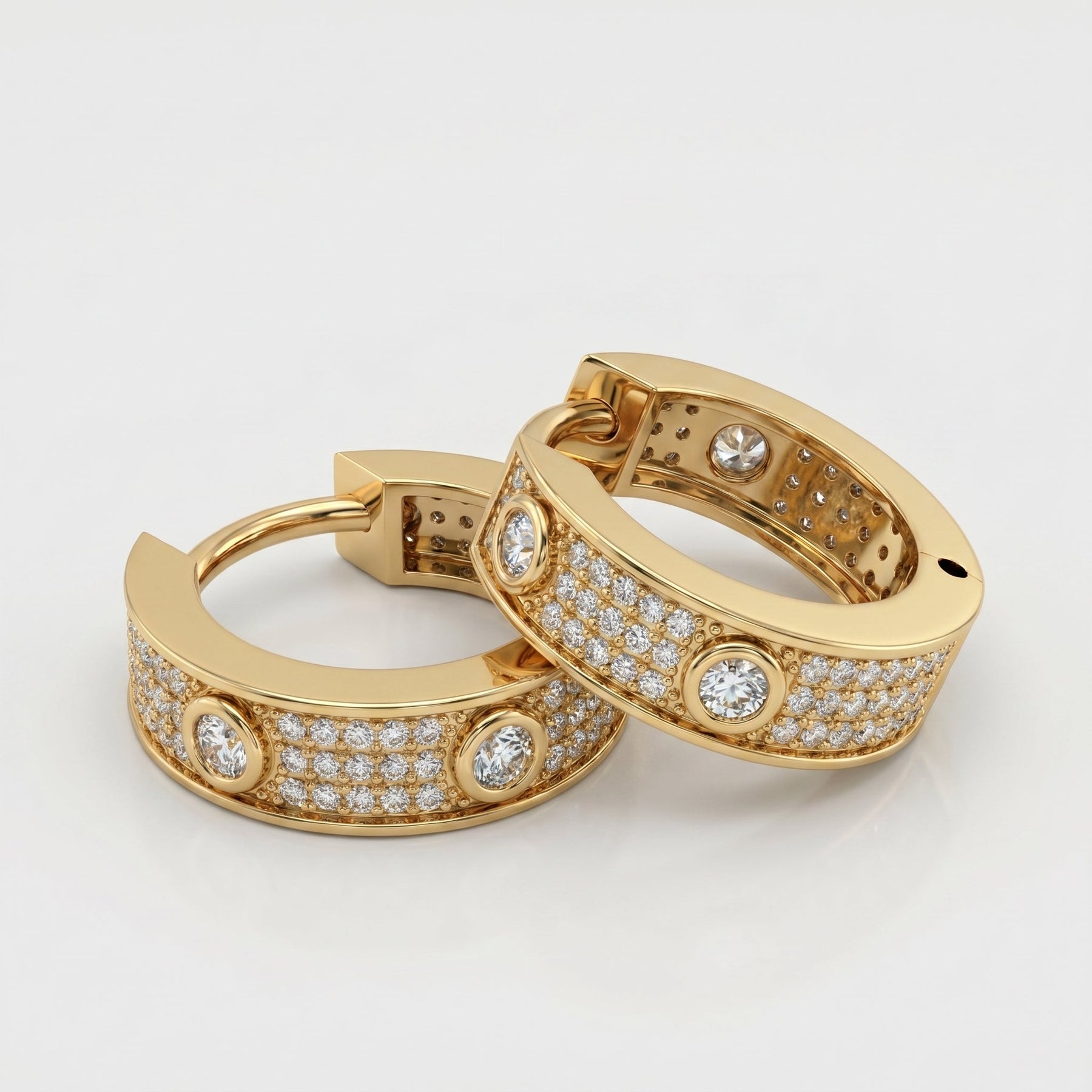 Luxury diamond huggie hoop earrings styled in elegant flat lay composition with premium jewelry aesthetic