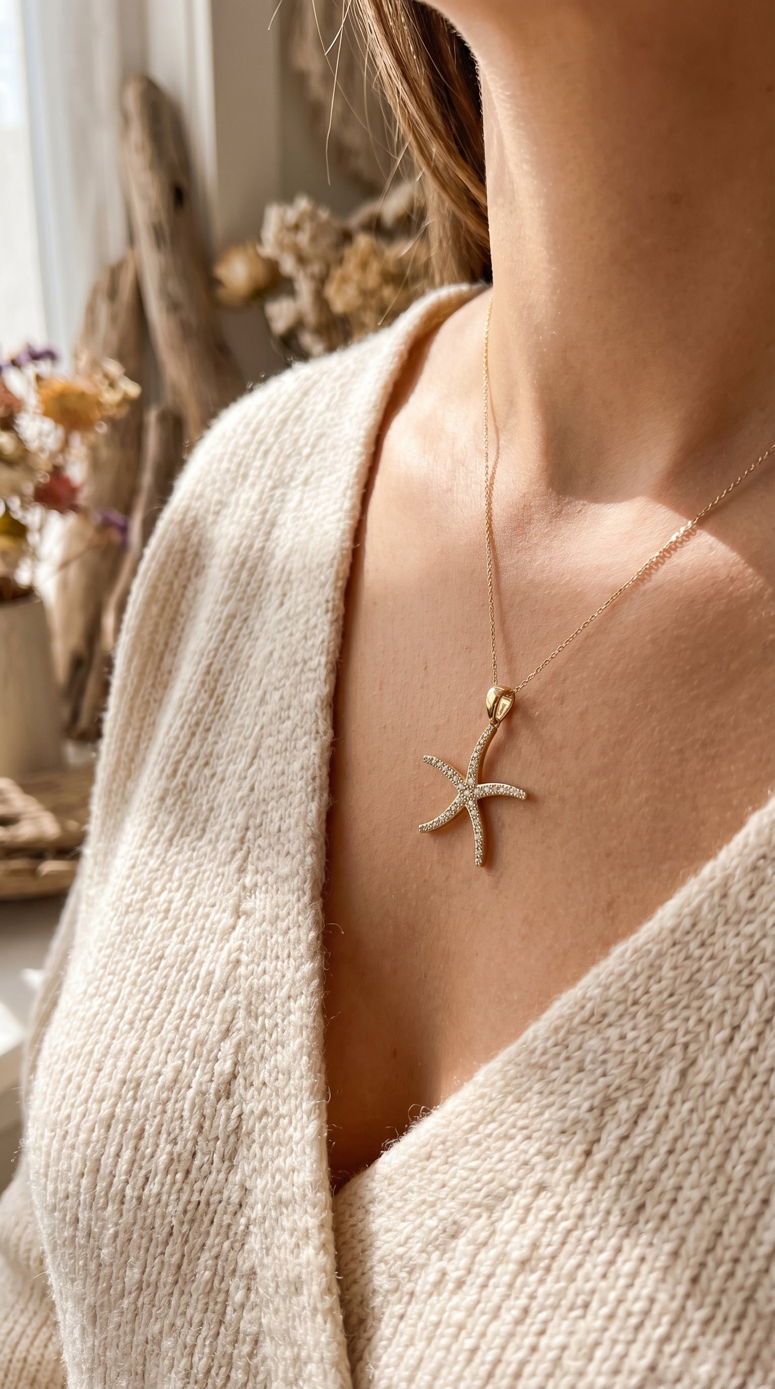 Round Diamond Starfish Embrace Pendant Necklace