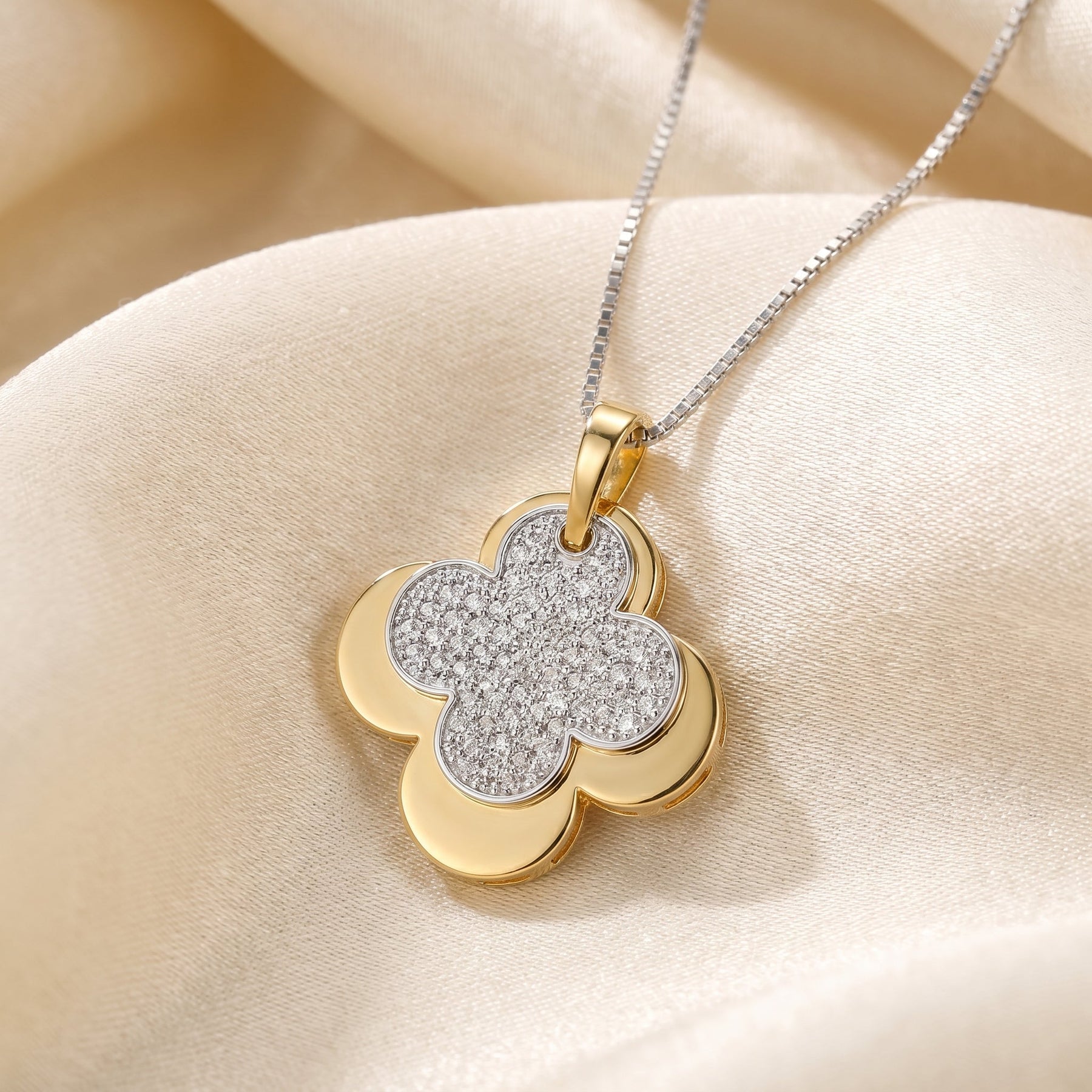 Elegant Pave Two-Tone Clover Diamond Pendant Necklace