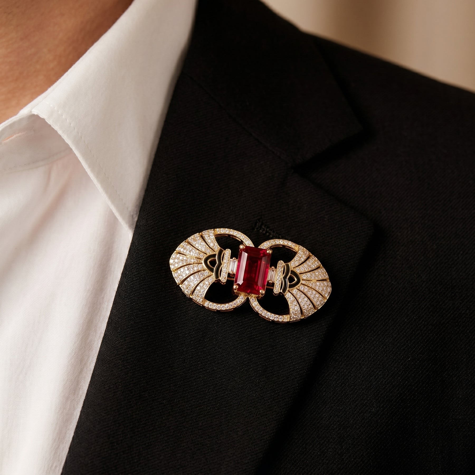 Emerald Cut Ruby Diamond Brooch