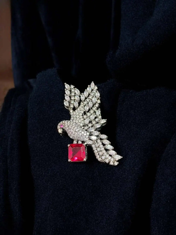 Ruby Bird Brooch, Red Emerald Cut Gemstone Diamond Pin