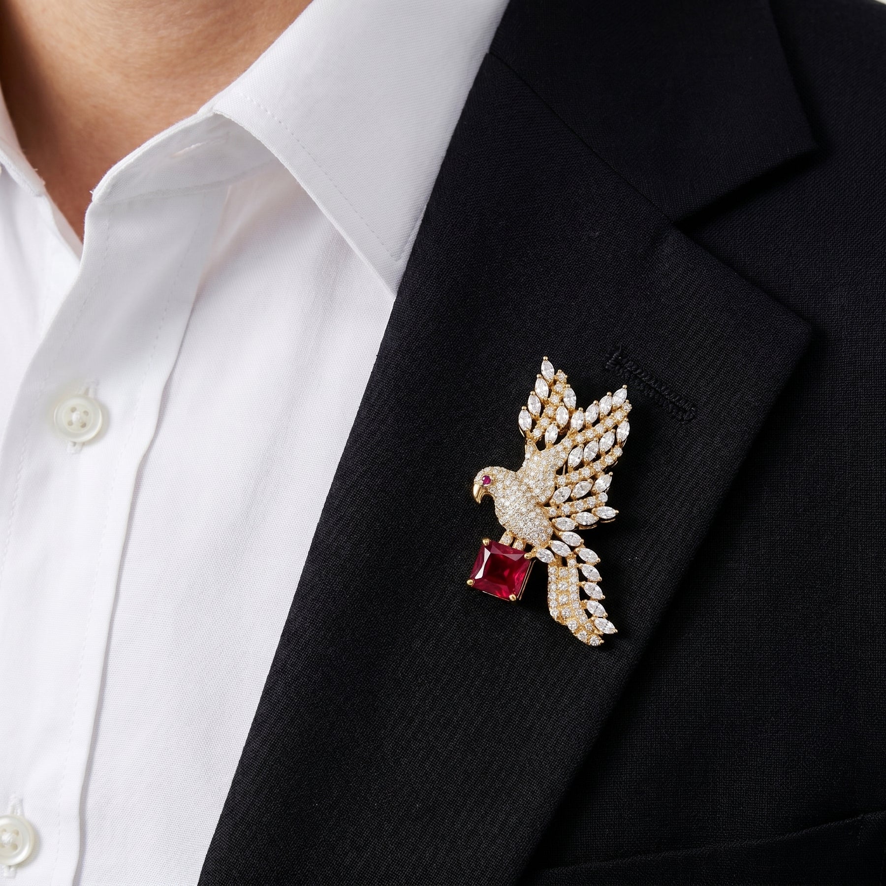 Ruby Bird Brooch, Red Emerald Cut Gemstone Diamond Pin