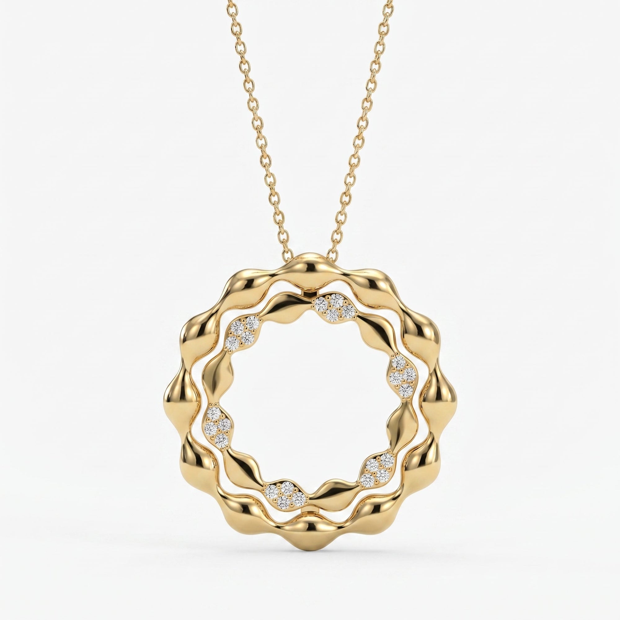 Elegant Diamond Wave Circle Pendant Necklace