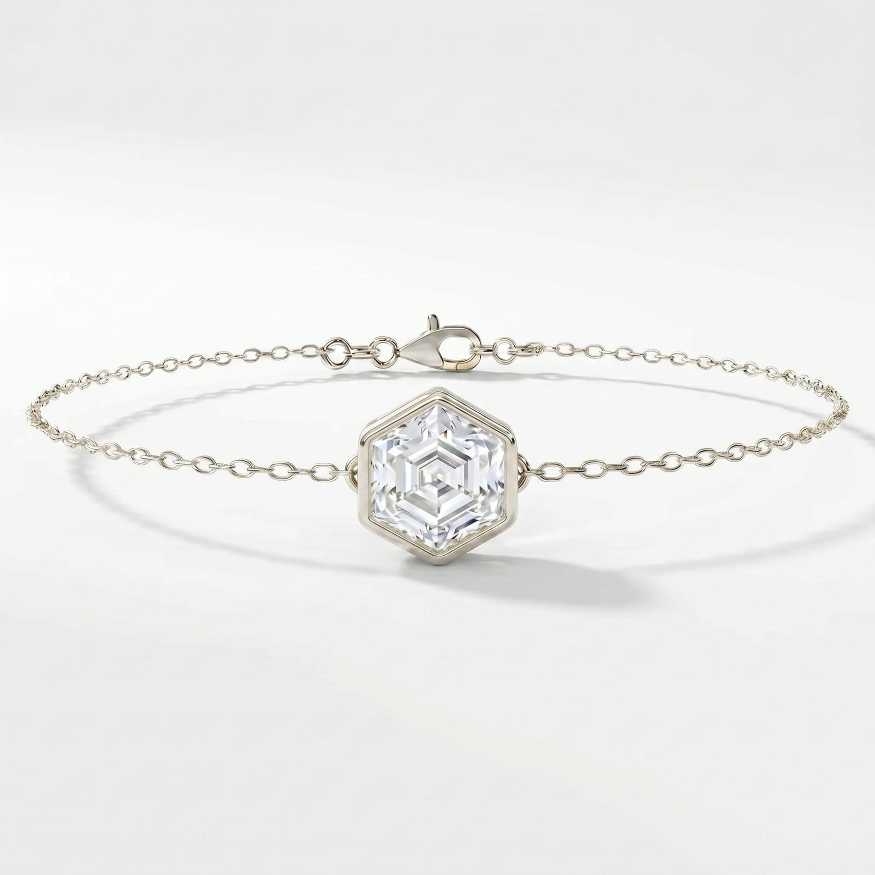 Minimalist White gold crystal bracelet flat lay on white background with clean luxury styling aesthetic