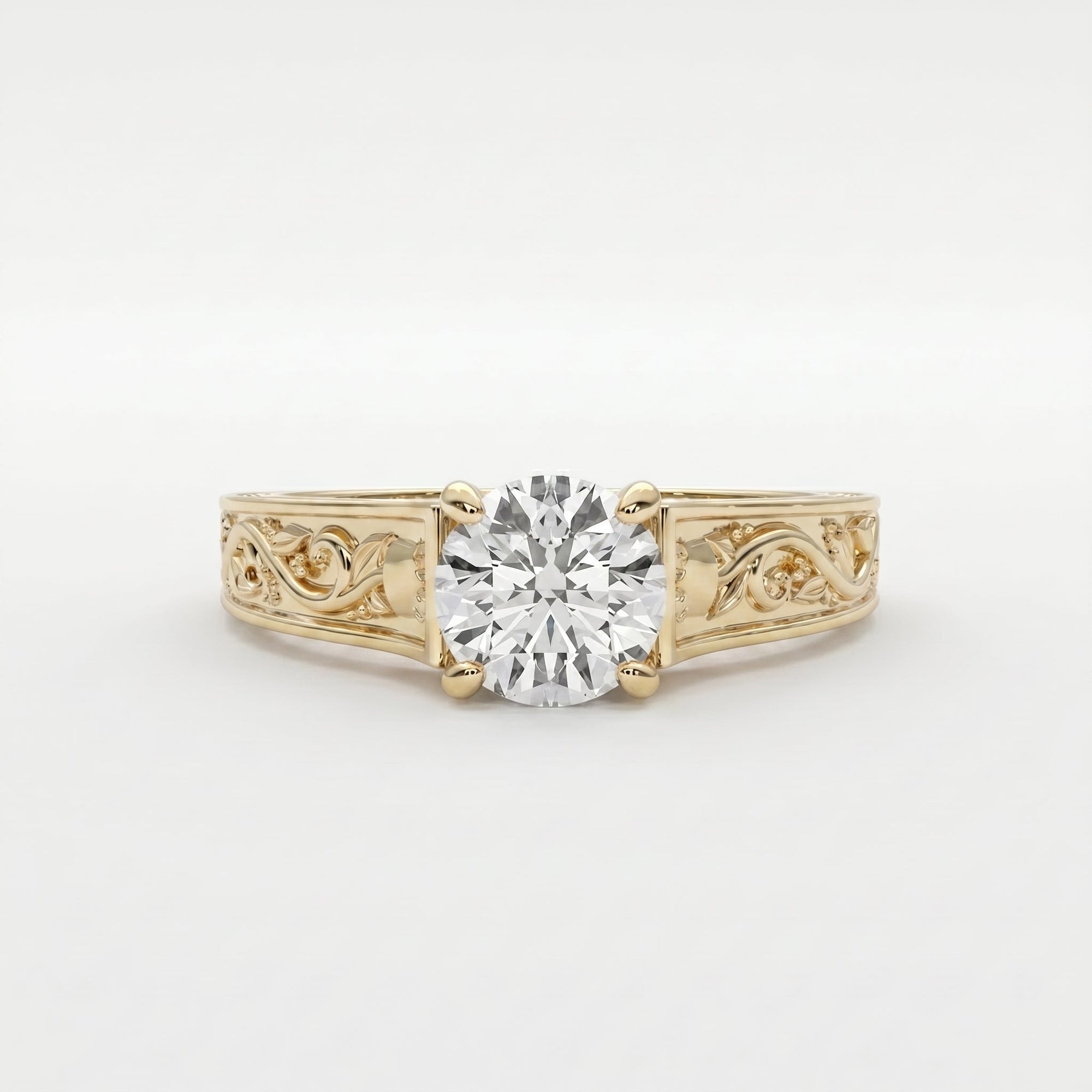 Vintage Floral Engraved Round Cut Diamond Engagement Ring