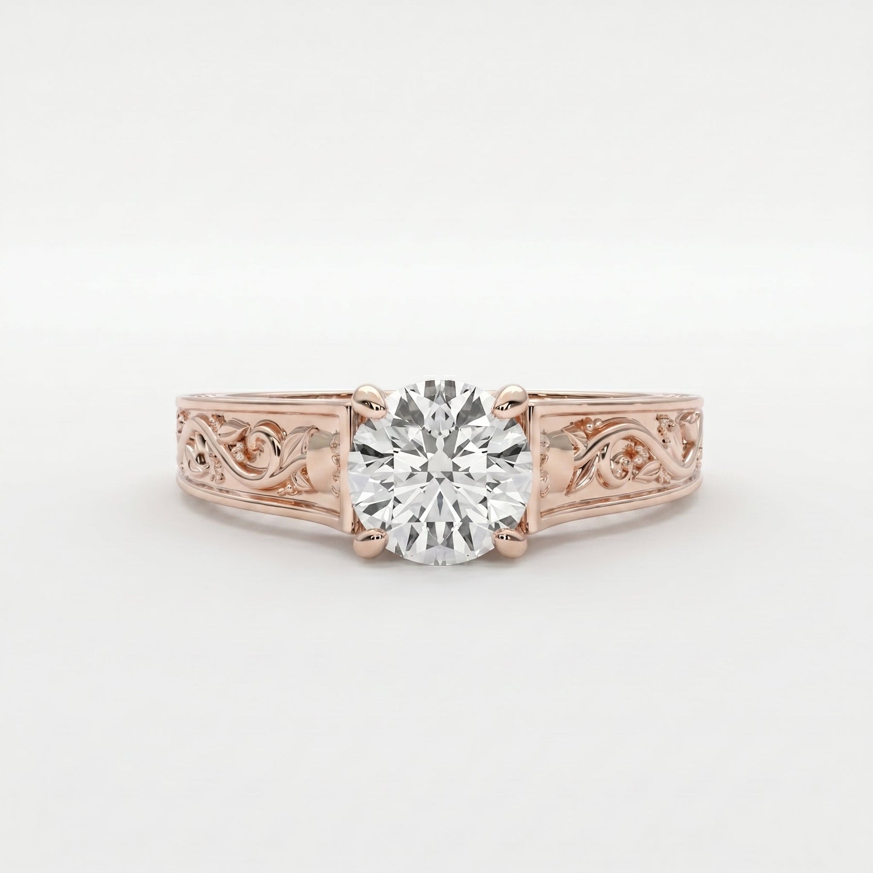 Vintage Floral Engraved Round Cut Diamond Engagement Ring