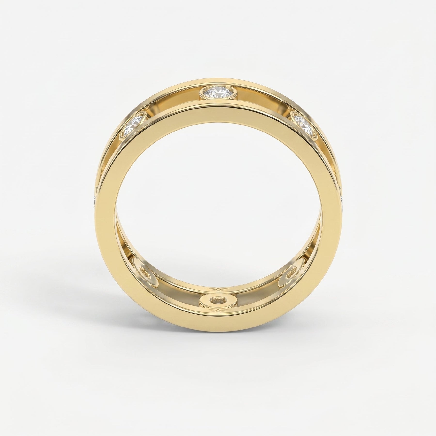 Modern open frame diamond band ring with bezel set diamonds in polished precious metal on white background