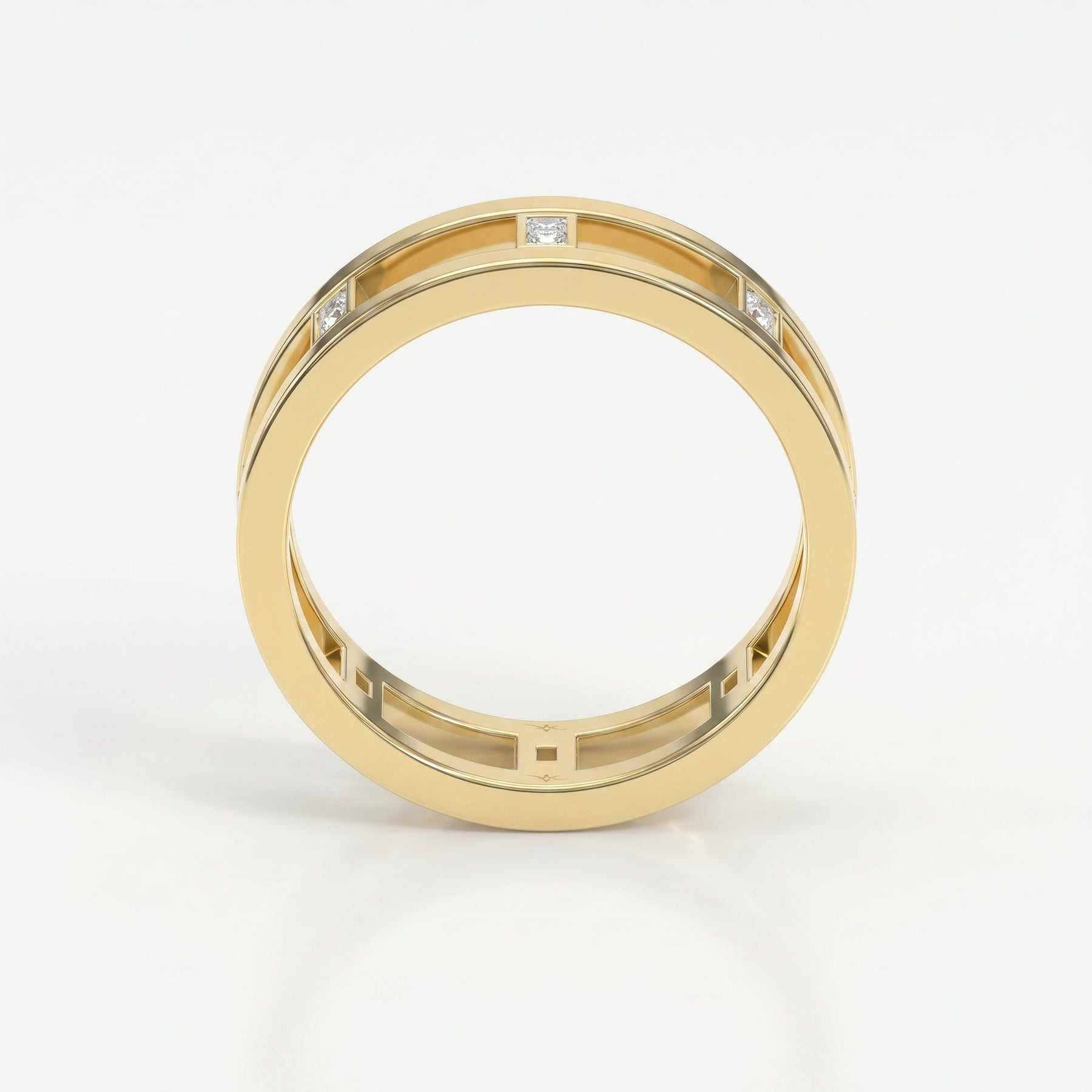 Modern openwork Baguette diamond band ring in polished gold with geometric architecture and premium craftsmanship