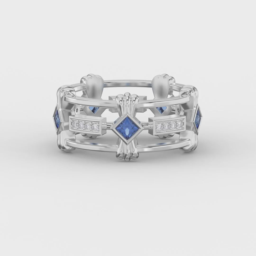 Elegant Princess Cut Blue Sapphire Ring with cubic zirconia Side Accents
